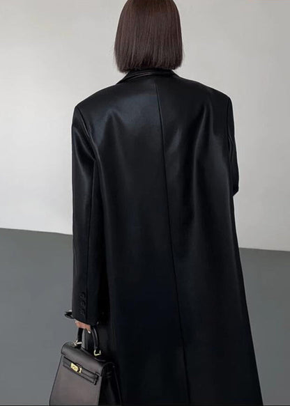 Oversized Faux Leather Long Coat – ’s Dark Brown Single-breasted Jacket