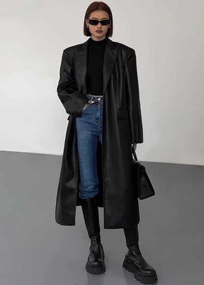 Oversized Faux Leather Long Coat – ’s Dark Brown Single-breasted Jacket