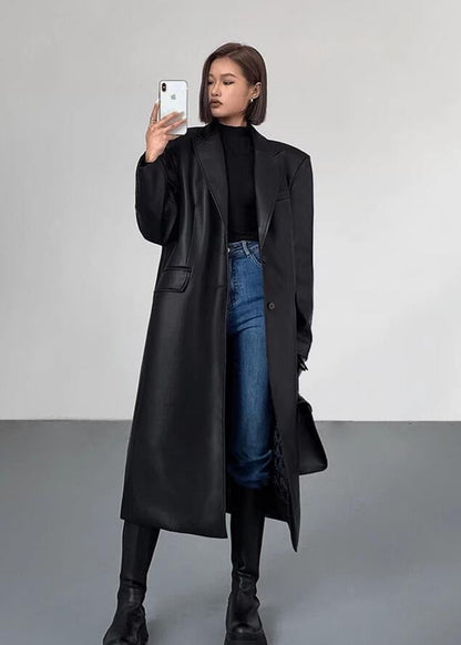 Oversized Faux Leather Long Coat – ’s Dark Brown Single-breasted Jacket