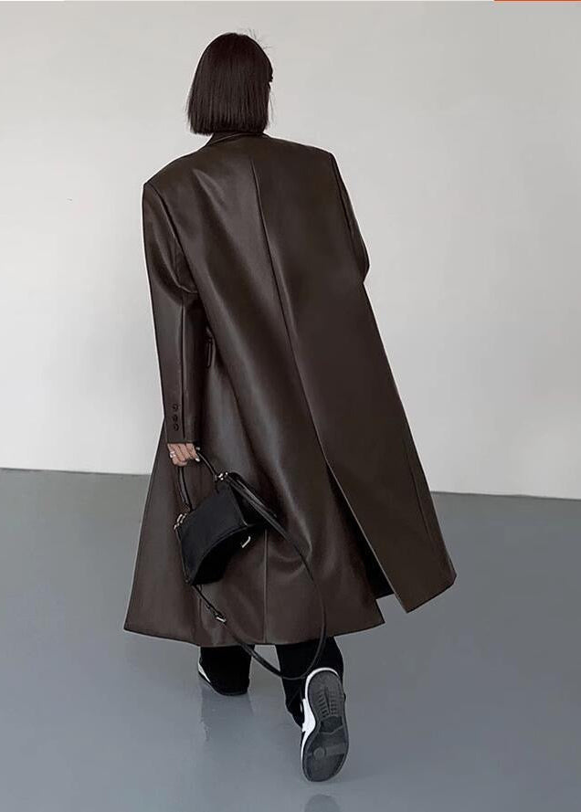 Oversized Faux Leather Long Coat – ’s Dark Brown Single-breasted Jacket