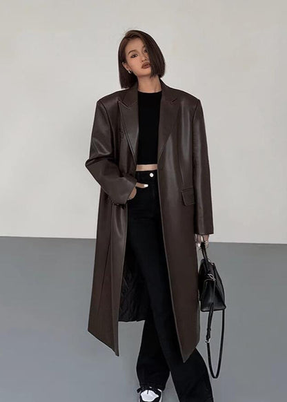 Oversized Faux Leather Long Coat – ’s Dark Brown Single-breasted Jacket