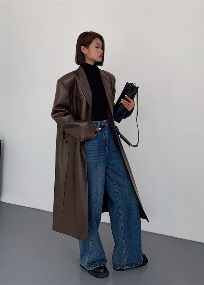 Oversized Faux Leather Long Coat – ’s Dark Brown Single-breasted Jacket