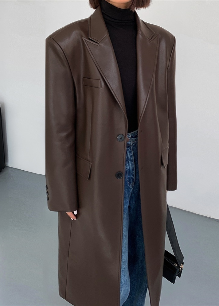Oversized Faux Leather Long Coat – ’s Dark Brown Single-breasted Jacket