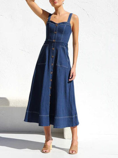 Denim Suspender Button Midi Dress