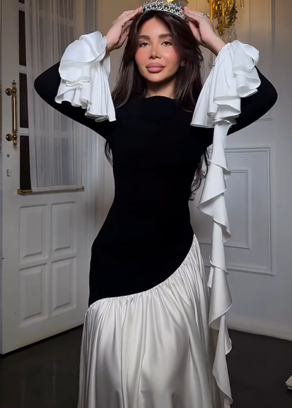 Seraphina Ruffle Sleeve Maxi Dress – Black & White Contrast Elegance