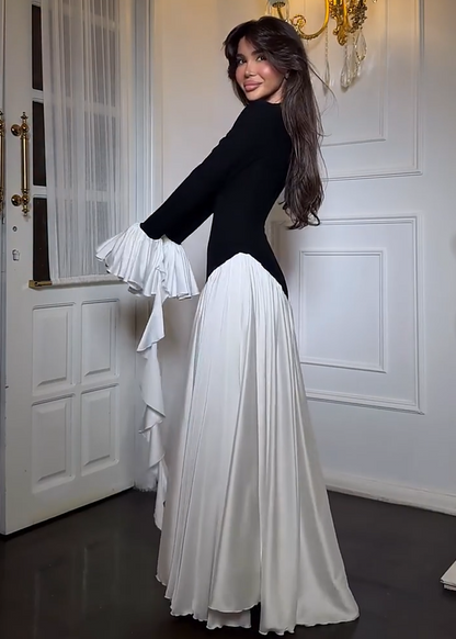 Seraphina Ruffle Sleeve Maxi Dress – Black & White Contrast Elegance