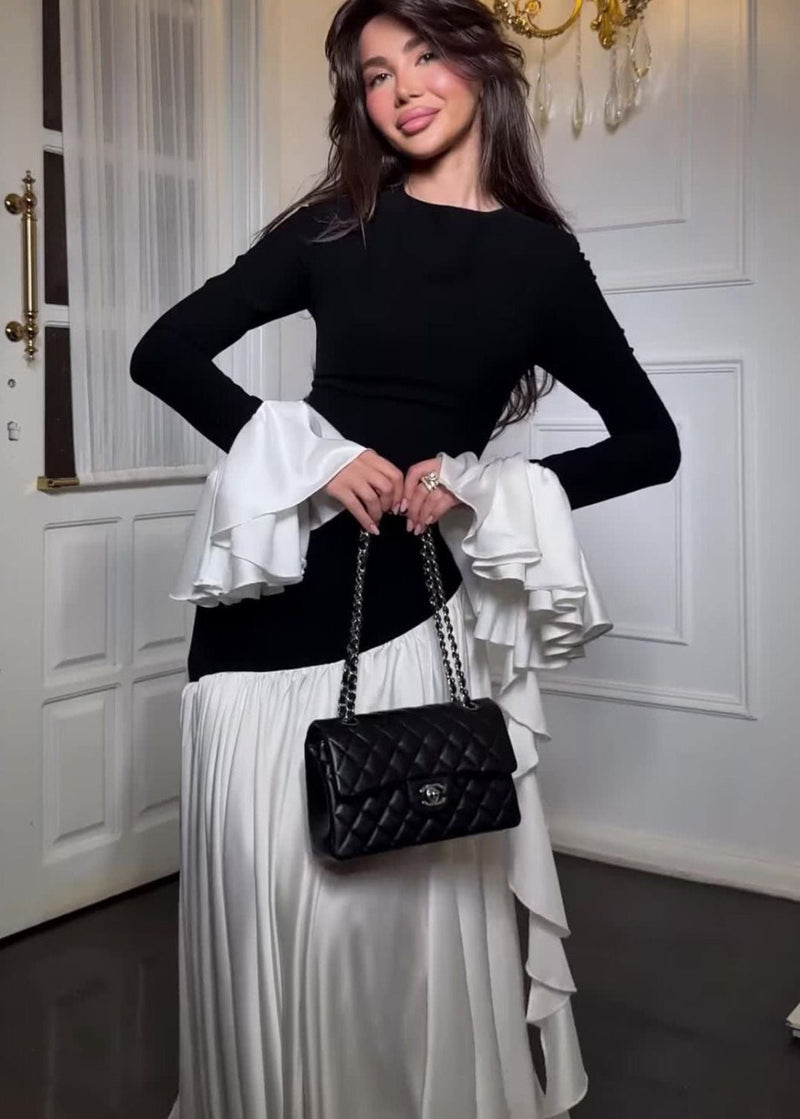 Seraphina Ruffle Sleeve Maxi Dress – Black & White Contrast Elegance