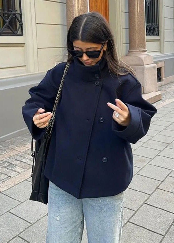 Aurora High Neck Wool Blend Jacket – Navy Blue Minimalist Coat