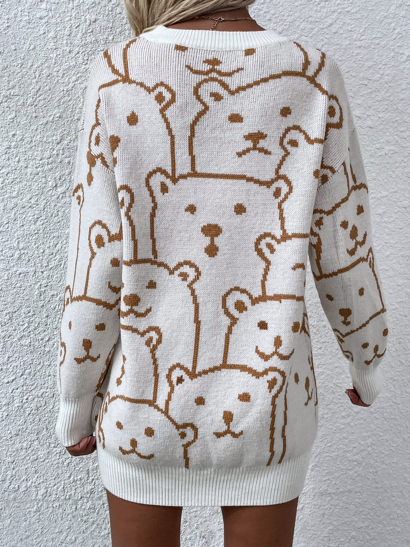 Smiley Polar Bear Knit Sweater Dress - White