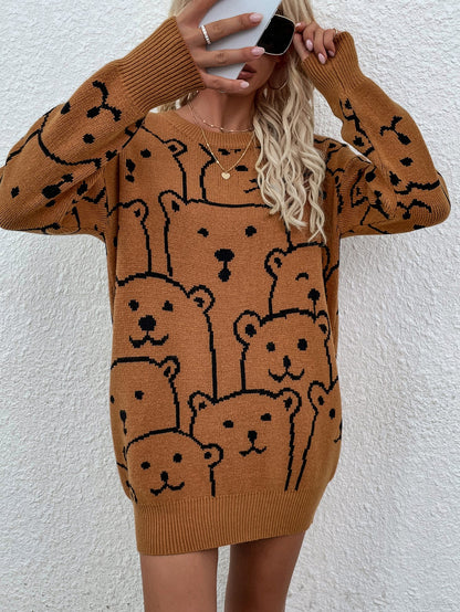 Smiley Polar Bear Knit Sweater Dress - Brown