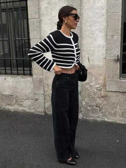 Round Neck Striped Buckle Cardigan