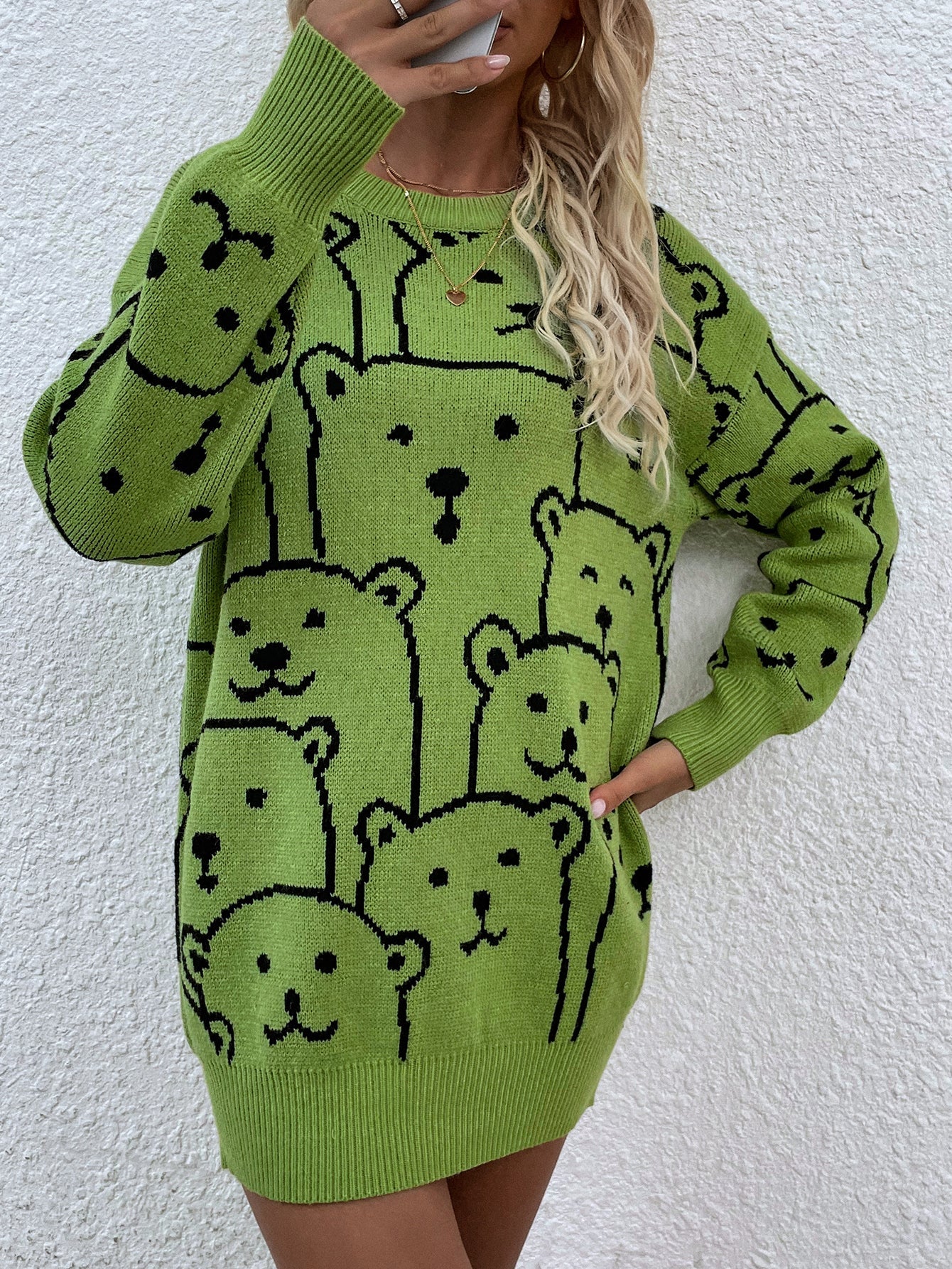 Smiley Polar Bear Knit Sweater Dress - Green