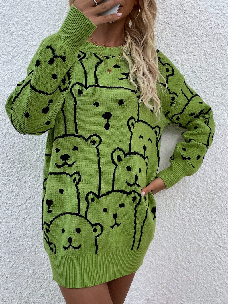 Smiley Polar Bear Knit Sweater Dress - Green