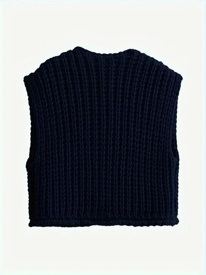 Pocket Sleeveless Short Knitted Cardigan Vest