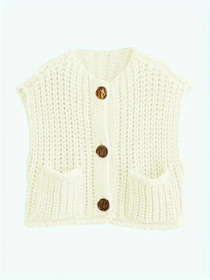 Pocket Sleeveless Short Knitted Cardigan Vest