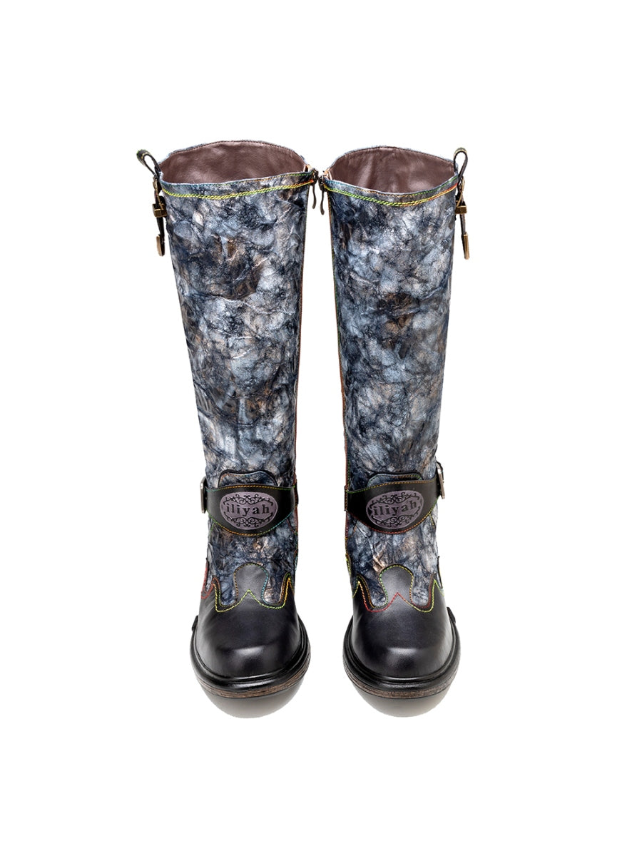 Soffia | Genuine Leather Grey Wrinkled Iliyah Accent Leather Knee High Riding Flat Boots