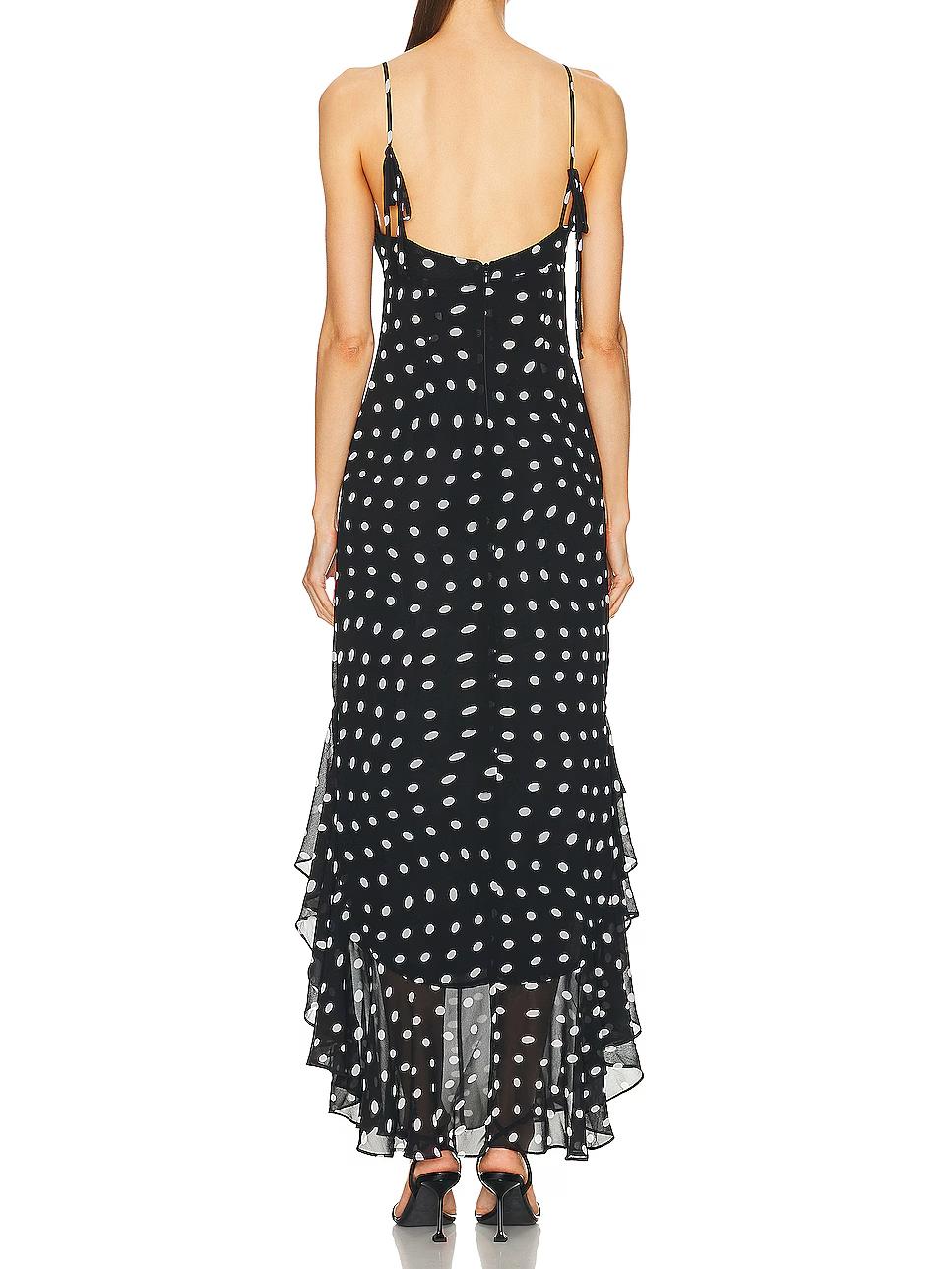 Black and Cream Polka Dot Ruffle Maxi Dress