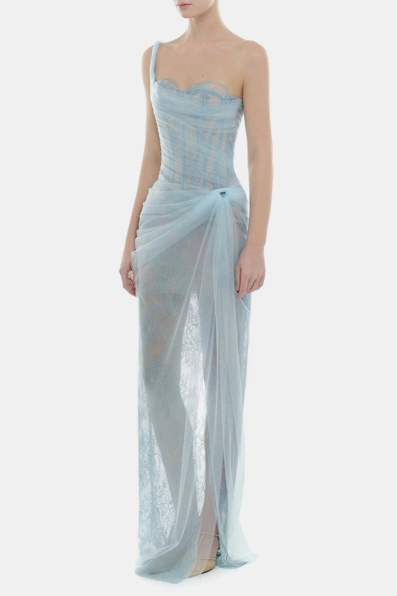Inina Lace Corset One Shoulder Maxi Dress - Blue