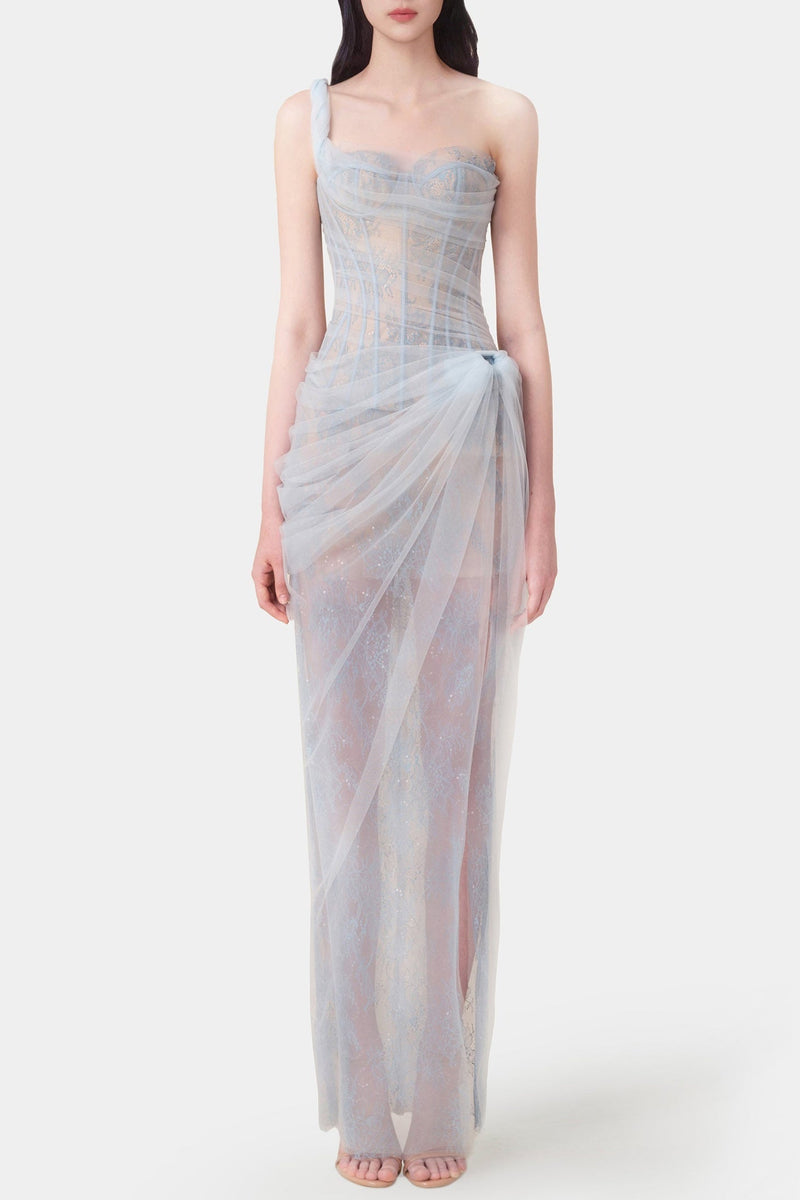 Inina Lace Corset One Shoulder Midi Dress - Blue