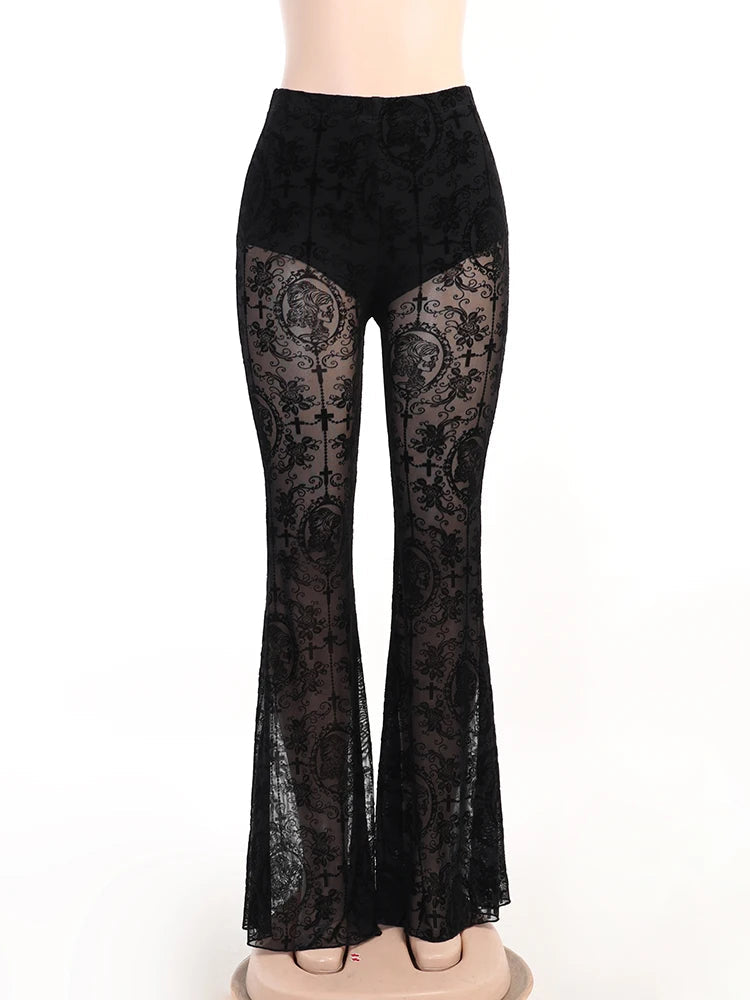 Gothic Black Summer Flare High Waist Punk Trousers Pants