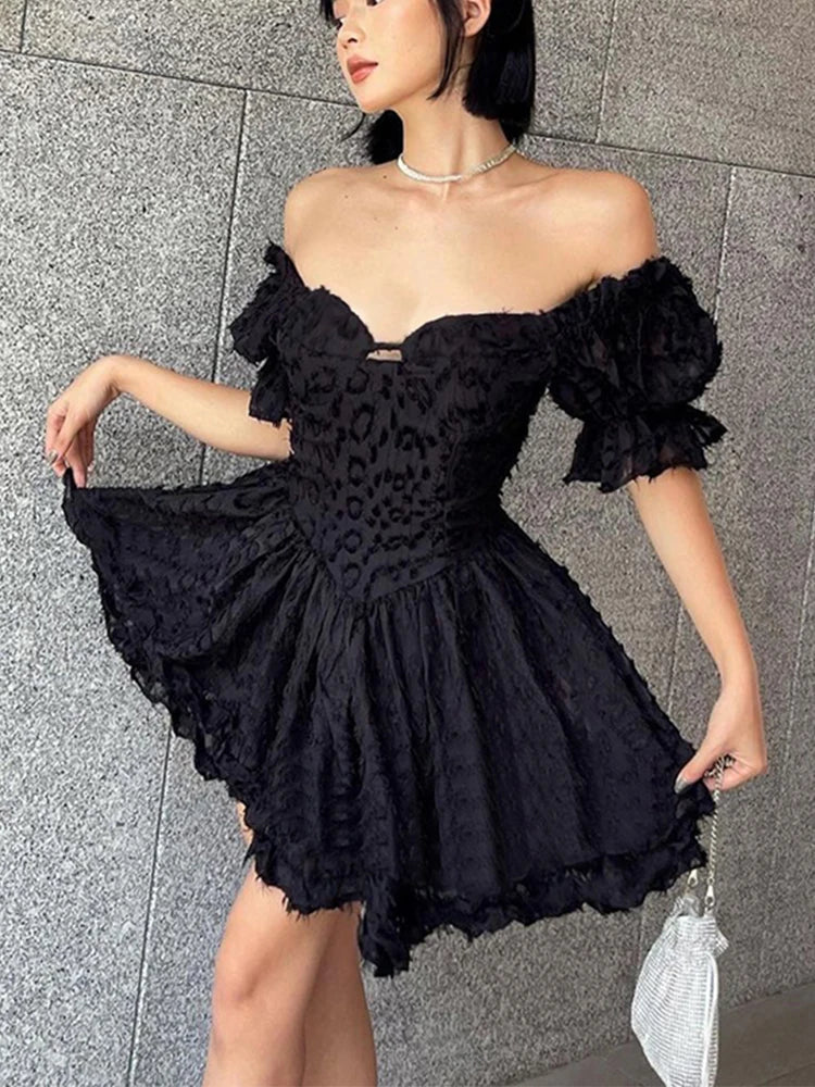 Lolita Summer High Waist Black Ball Gown Goth Aesthetic Puff Sleeve V-neck Corset Mini Dress