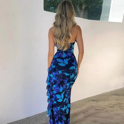 Irregular Hollow Backless Dresses Fashionable High Waist Slit Printed Long Dress Sleeveless Evening Dresses