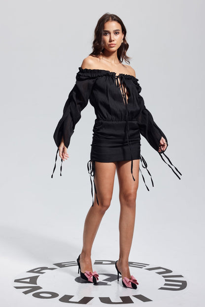 Isadora Mesh Backless Lace Up Mini Dress in Black