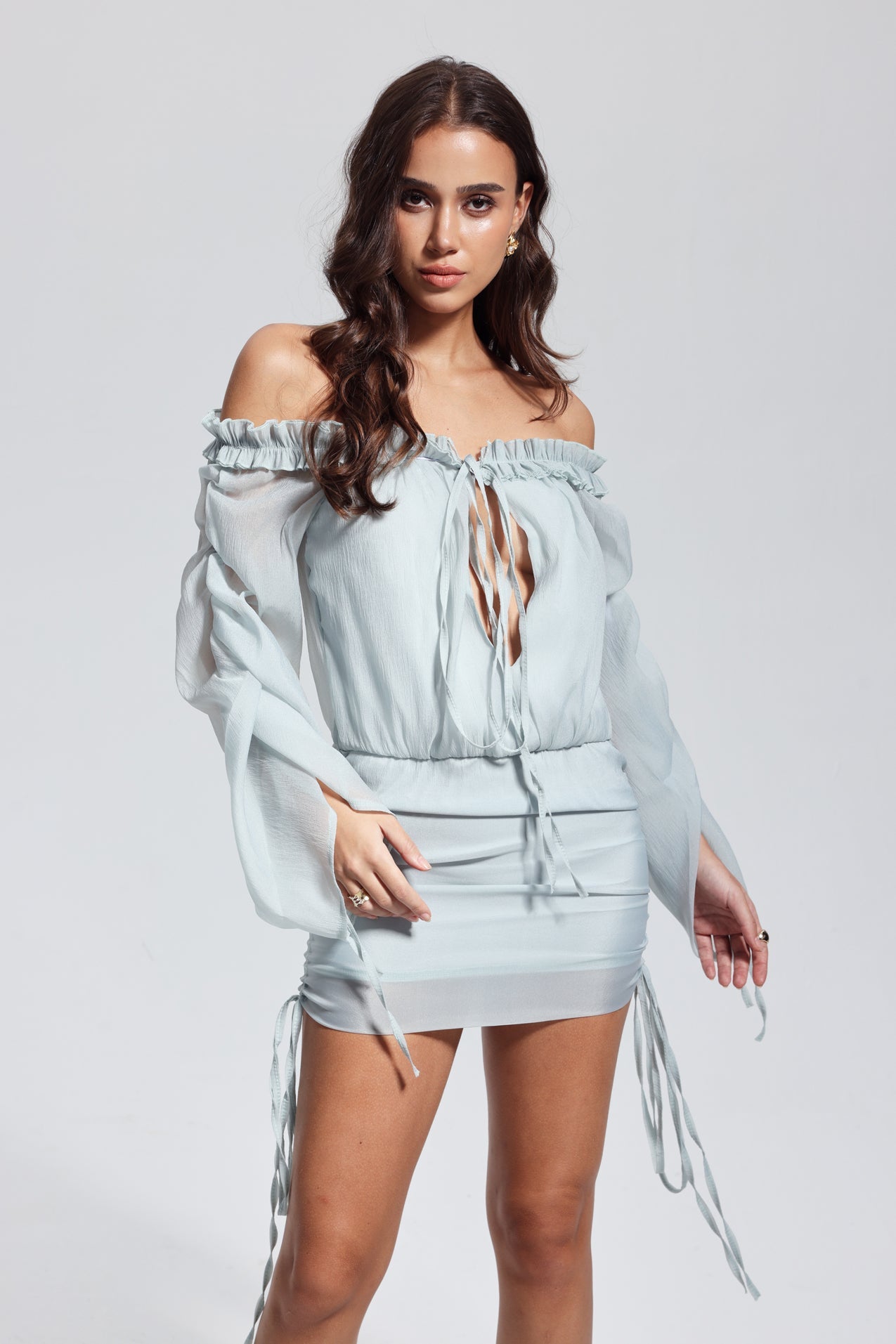 Isadora Mesh Backless Lace Up Mini Dress in Blue