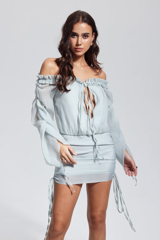 Isadora Mesh Backless Lace Up Mini Dress in Blue