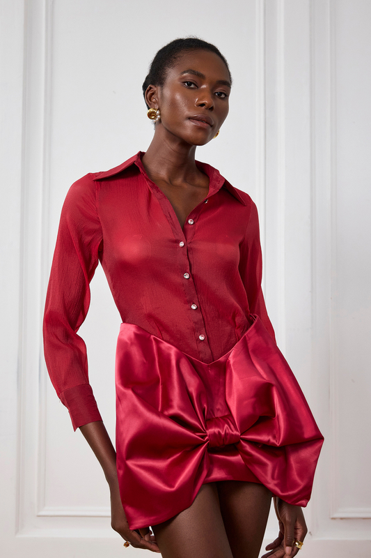 Ishika Bow Satin Mini Dress in Red