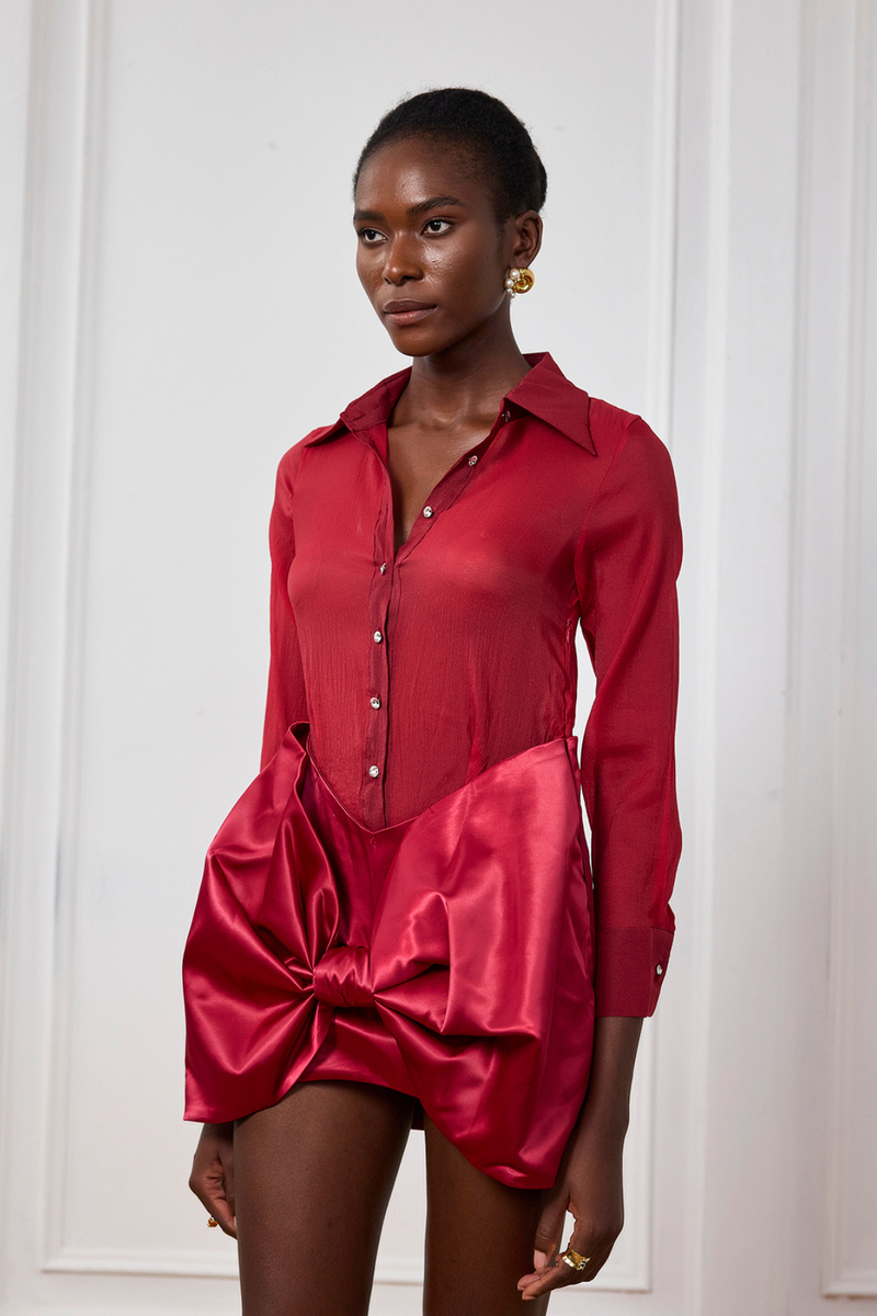 Ishika Bow Satin Mini Dress in Red