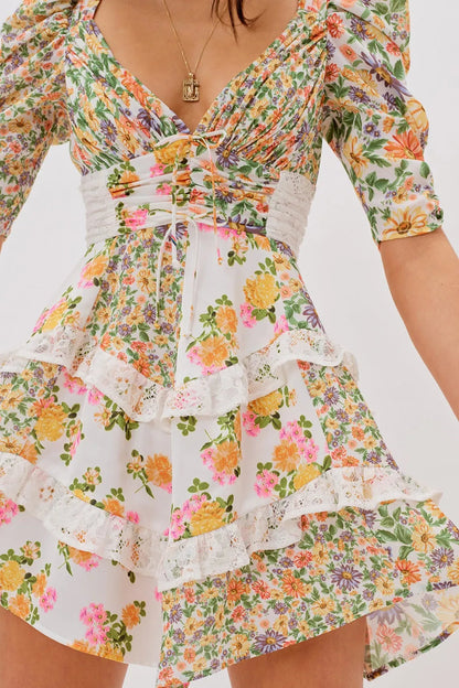 V-neck Puff Sleeve Ruffle Hem Mini Dress