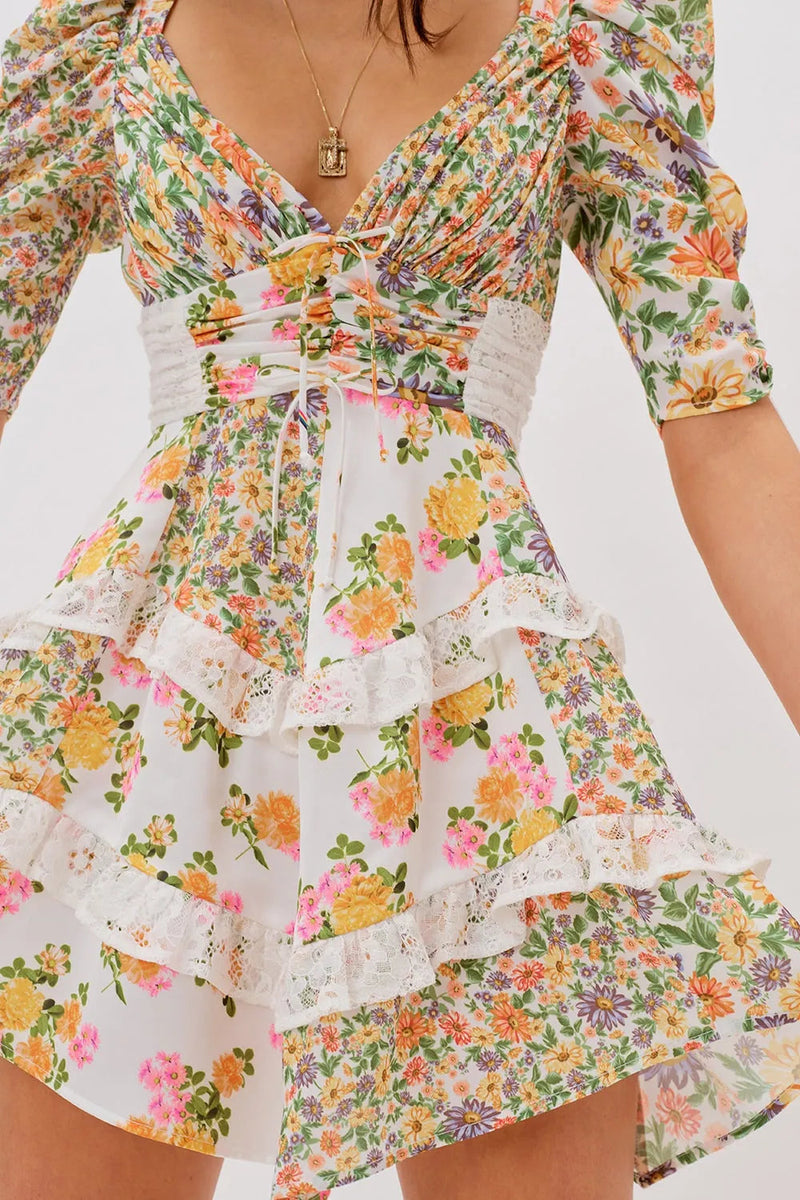 V-neck Puff Sleeve Ruffle Hem Mini Dress