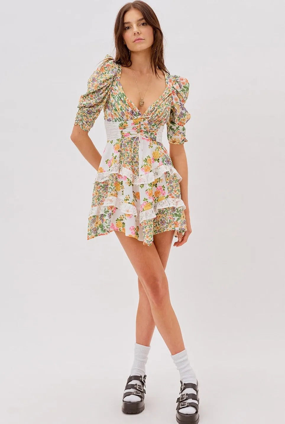 V-neck Puff Sleeve Ruffle Hem Mini Dress