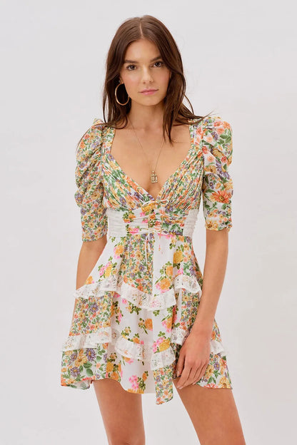 V-neck Puff Sleeve Ruffle Hem Mini Dress