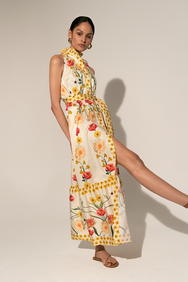 High Collar Sleeveless Lace Up Midi Dress