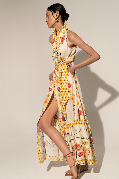 High Collar Sleeveless Lace Up Midi Dress