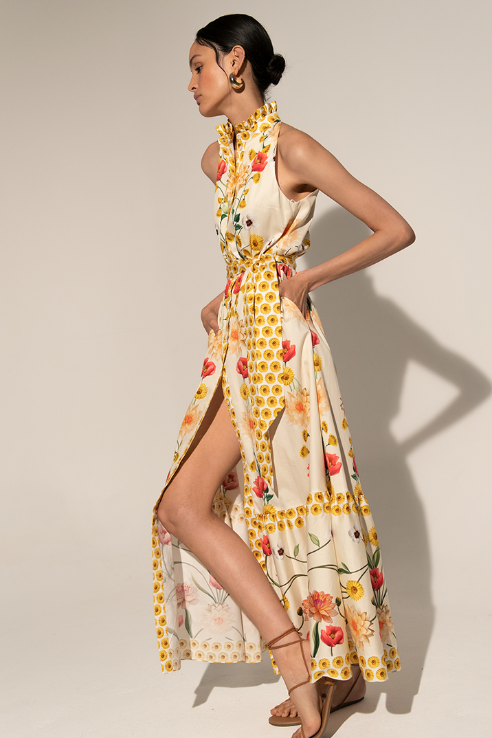 High Collar Sleeveless Lace Up Midi Dress