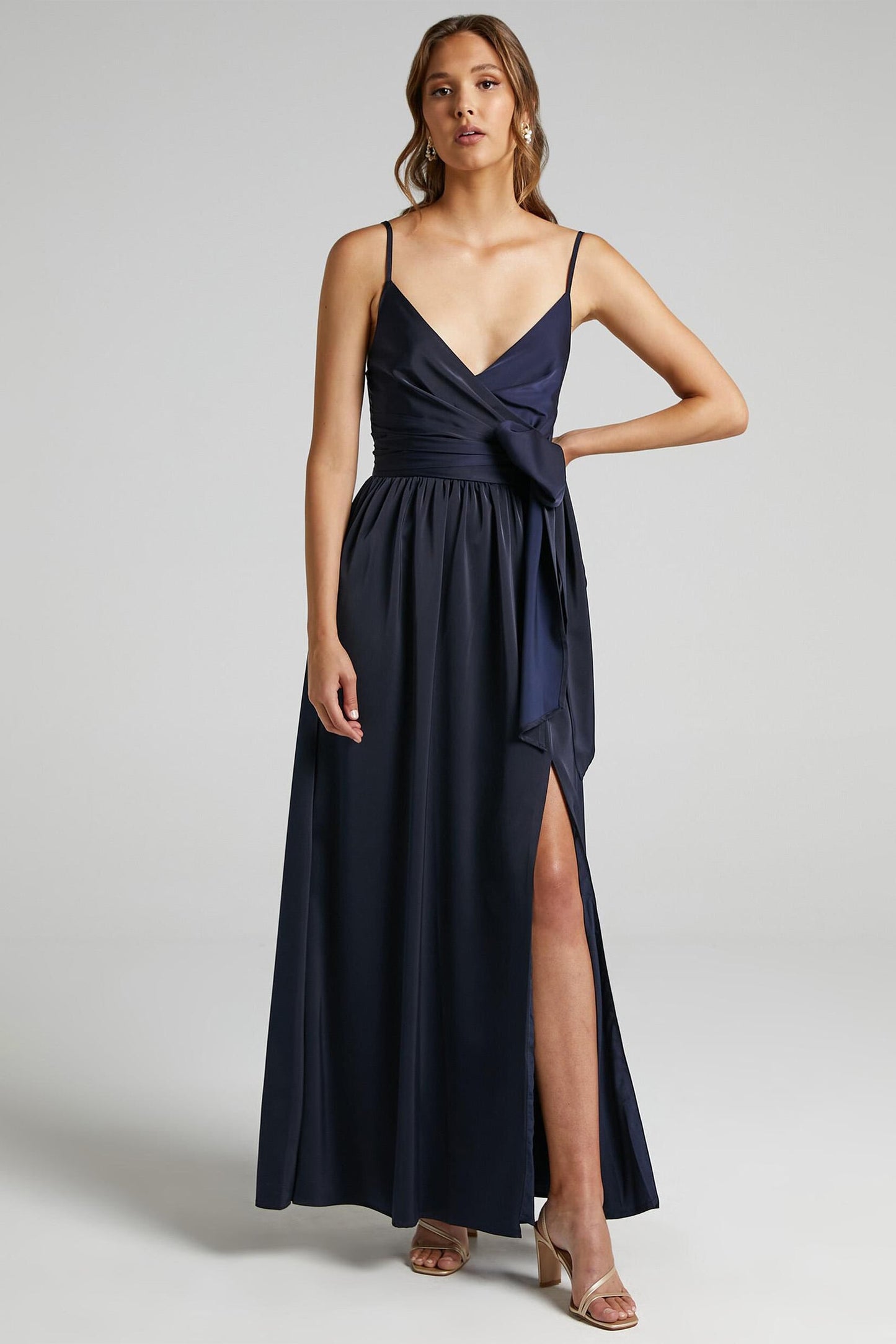 Cami V-neck Wrapover Pleated Lace Up Slit Maxi Dress Blue