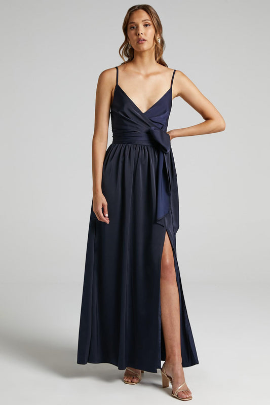 Cami V-neck Wrapover Pleated Lace Up Slit Maxi Dress Blue