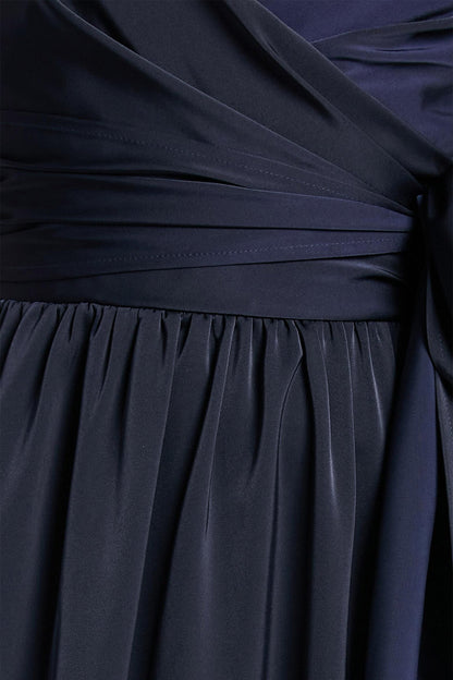 Cami V-neck Wrapover Pleated Lace Up Slit Maxi Dress Blue