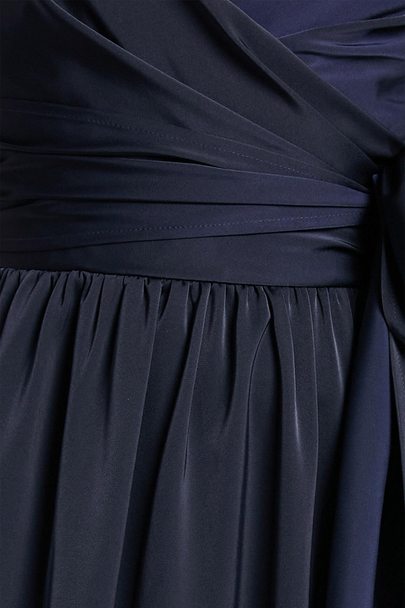 Cami V-neck Wrapover Pleated Lace Up Slit Maxi Dress Blue