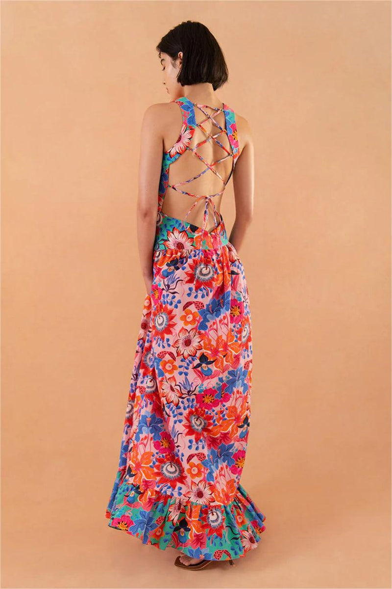 Lace Up Ruffle Hem Maxi Dress