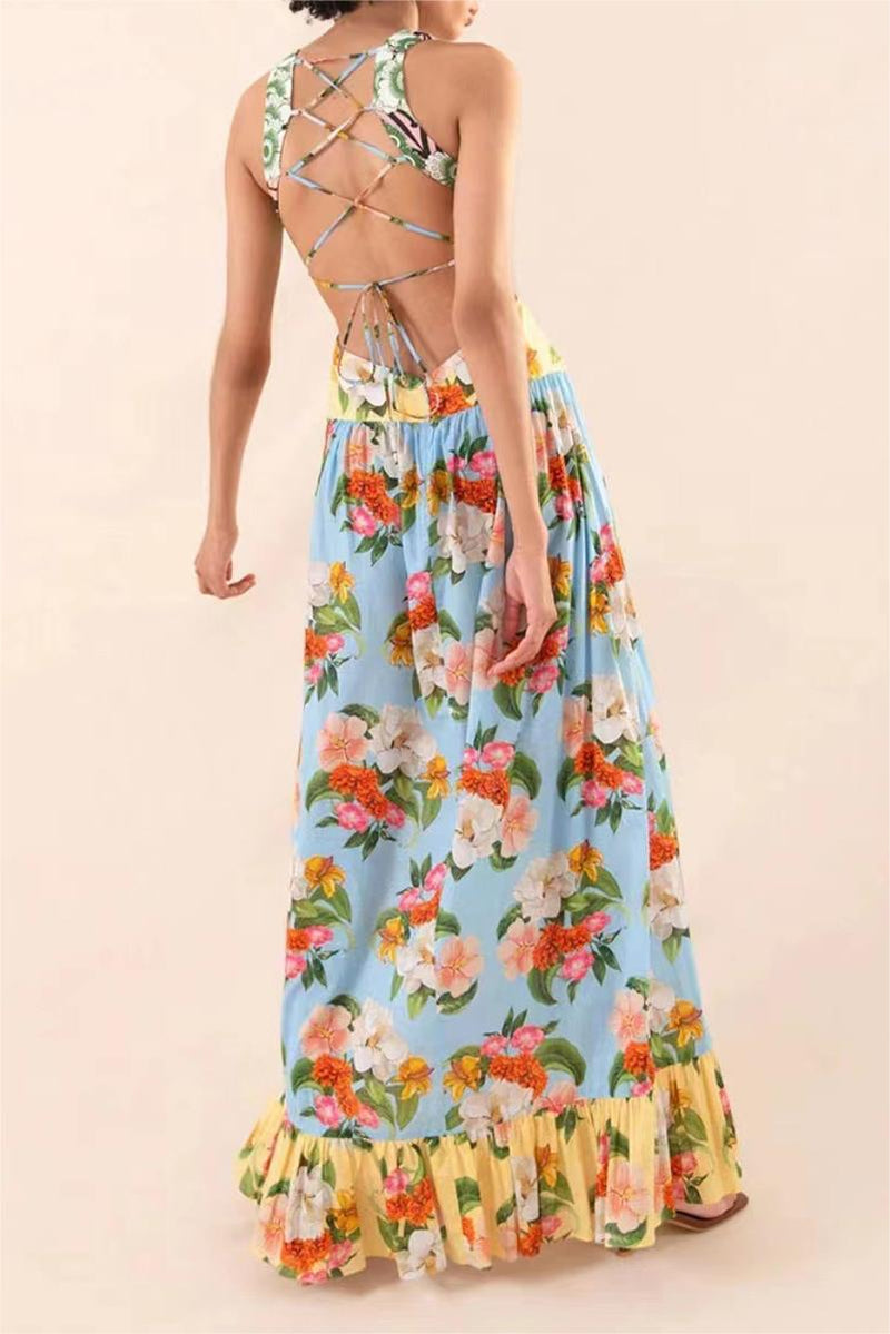 Lace Up Ruffle Hem Maxi Dress