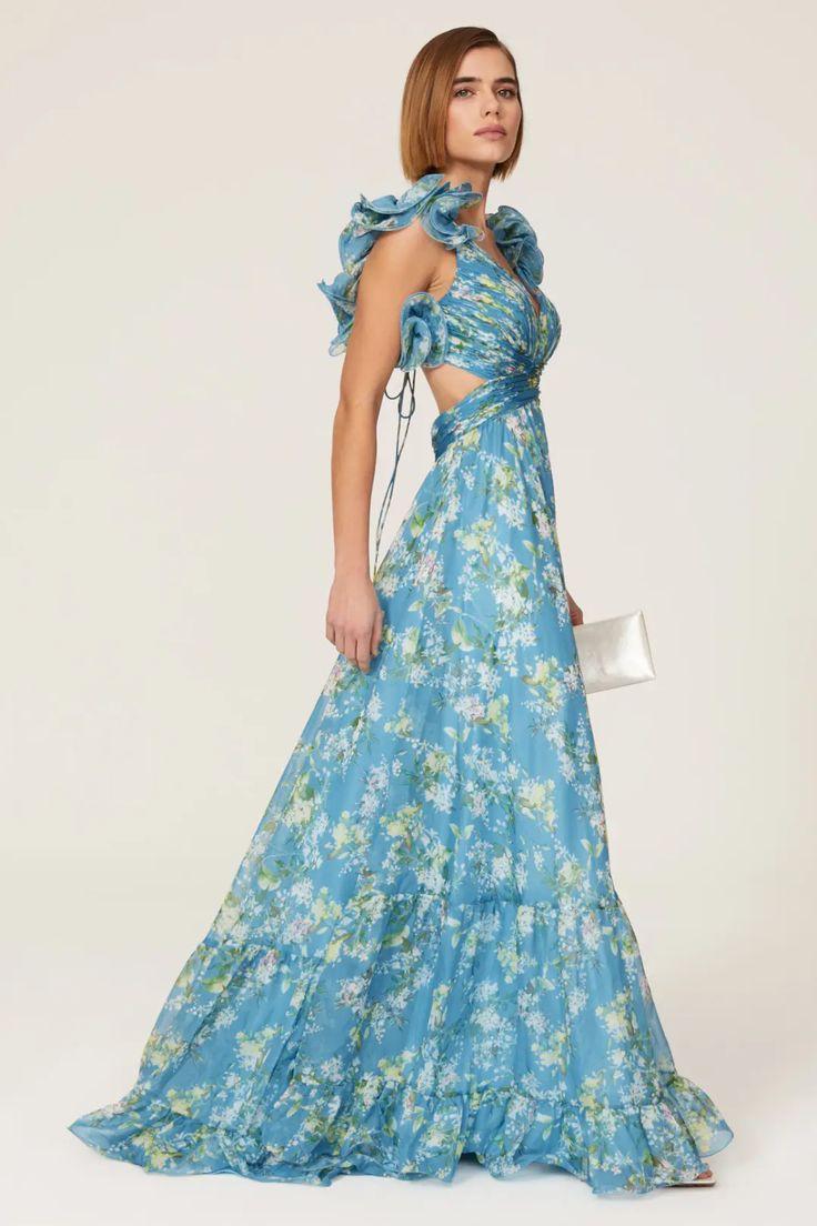 V-neck Cut-out Ruffle Hem Maxi Dress Blue