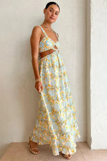 Cut-out Lace Up Ruffle Hem Cami Maxi Dress