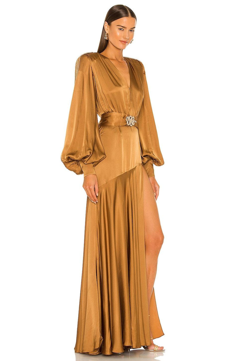 Lantern Sleeve V-neck Slit Maxi Dress Yellow