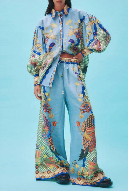 Lantern Sleeve Lapel Buckle Pants Set