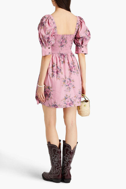 Puff Sleeve Square Collar Smocked Elastic Mini Dress