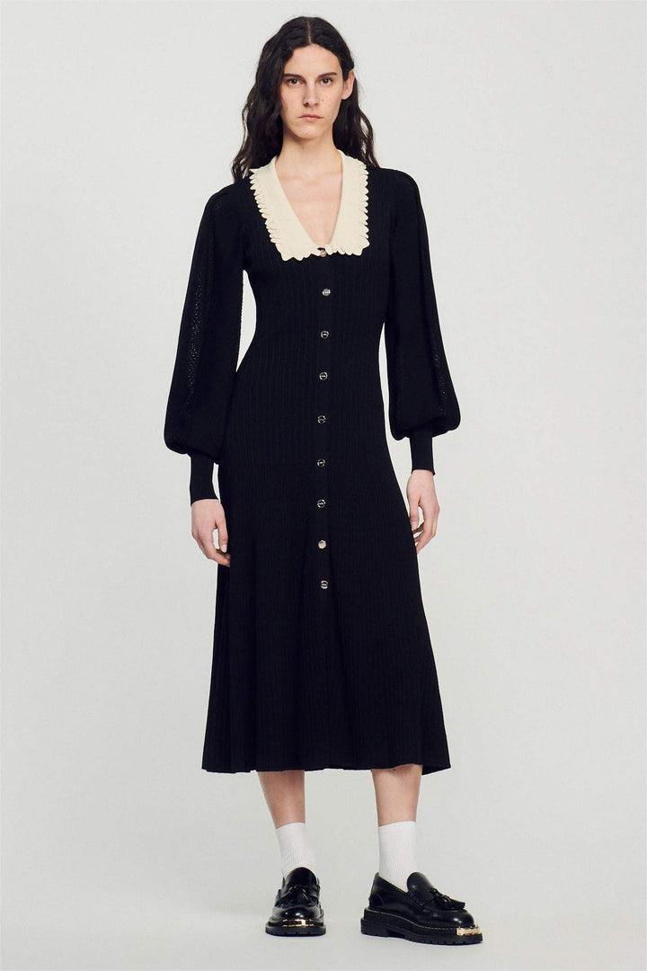 Lantern Sleeve Lapel Knit Midi Dress Black
